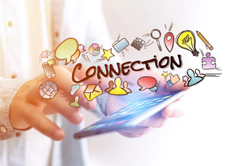 Poster - concept of man holding smartphone with connection title and multimedia icons flying around