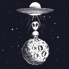 Wall Mural - alien landed to moon from ufo