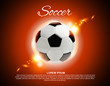 3d football or soccer ball on red background with lights and place for text.