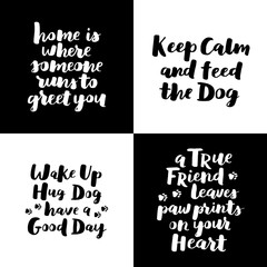 Wall Mural - Dog hand written lettering collection. Brush lettering quotes about the dog. Phrase set about pet. Vector motivational saying with white ink on black isolated background.