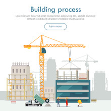 Building Process. Unfinished Building. Crane.