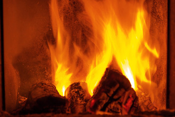 fire burns in the fireplace