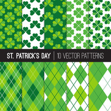 St Patrick's Day Patterns. Green Shamrocks And Argyle Plaid Backgrounds. Lucky Four-leaf And Three-leaf Clovers. Vector Pattern Tile Swatches Included.