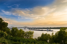 A Pusher Boat In The Mississippi River Near The Vicksburg Bridge In Vicksburg, Mississippi, USA.