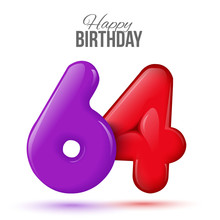 Sixty Four Birthday Greeting Card Template With 3d Shiny Number Sixty Four Balloon On White Background. Birthday Party Greeting, Invitation Card, Banner With Number 64 Shaped Balloon