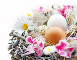  Happy Easter: nest with Easter eggs, feathers, flowers and heart :)