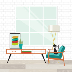 Cozy room scene with a cat in mid-century modern style