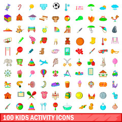 Wall Mural - 100 kids activity icons set, cartoon style