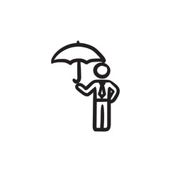 Sticker - Businessman with umbrella sketch icon.