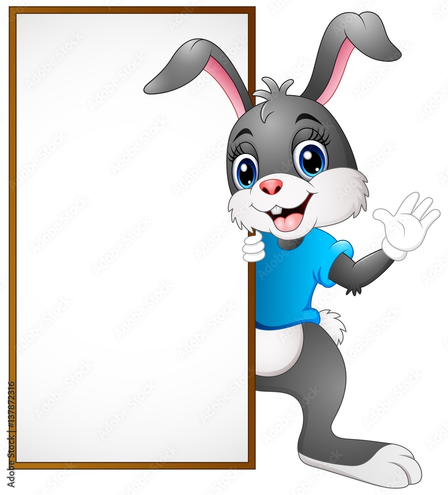 Bunny Rabbit Hand Sign Cartoon bunny waving hand with blank sign Stock Vector | Adobe Stock