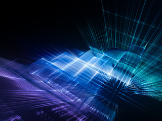 Poster - Abstract background element. Fractal graphics series. Three-dimensional composition of intersecting grids. Information technology concept. Blue and black colors.