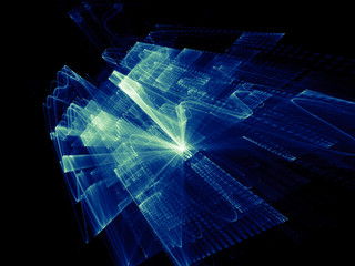 Poster - Abstract background element. Three-dimensional composition of wave shapes, grids and beams. Media information concept. Blue and black colors.