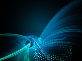 Poster - Abstract background element. Fractal graphics series. Three-dimensional composition of intersecting grids, lines and blurs. Information technology concept. Blue and black colors.