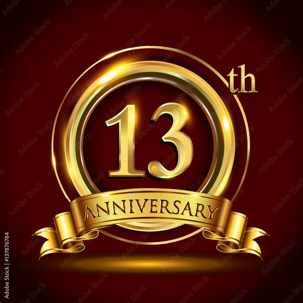 13th golden anniversary logo with gold ring and golden ribbon, vector ...