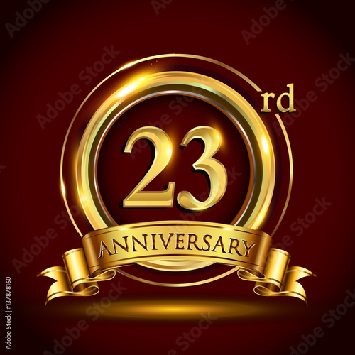 23rd Golden Anniversary Logo Twenty Three Years Birthday Celebration With Gold Ring And Golden Ribbon Stock Vector Adobe Stock