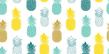 Fresh Blue Yellow Pineapples Vector Repeat Seamless Pattrern In Grey And Yellow Colors. Great For Fabric, Packaging, Wallpaper, Invitations.