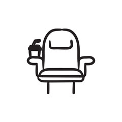 Sticker - Cinema chair with disposable cup sketch icon.