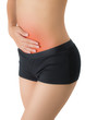 © kintarapong - woman holding her belly with red highlight in pain area isolated on white background