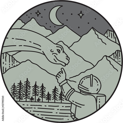 Fényképezés  Astronaut Touching Brontosaurus Circle Mono Line