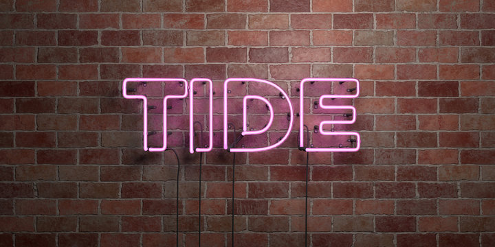 TIDE - fluorescent Neon tube Sign on brickwork - Front view - 3D rendered royalty free stock picture. Can be used for online banner ads and direct mailers..