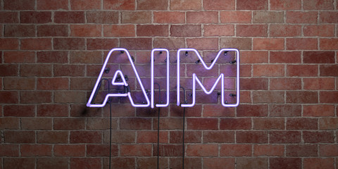 AIM - fluorescent Neon tube Sign on brickwork - Front view - 3D rendered royalty free stock picture. Can be used for online banner ads and direct mailers..