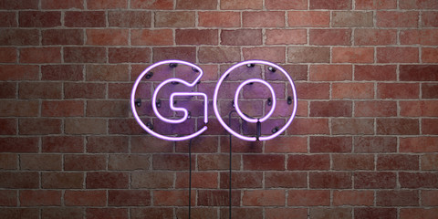 Wall Mural - go - fluorescent neon tube sign on brickwork - front view - 3d rendered royalty free stock picture. 