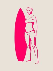 Wall Mural - woman posing with surfboard. monochrome silhouette. vector illustration. vintage surfing graphic and