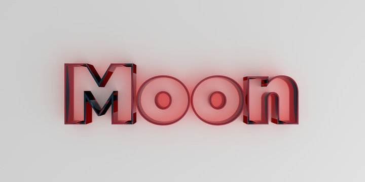 Moon - Red glass text on white background - 3D rendered royalty free stock image.