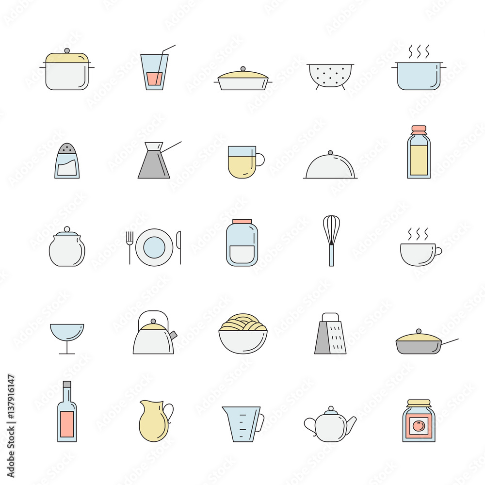Crockery and cooking outline multicolored big icon set. Stock Vector ...