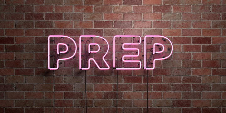 PREP - fluorescent Neon tube Sign on brickwork - Front view - 3D rendered royalty free stock picture. Can be used for online banner ads and direct mailers..