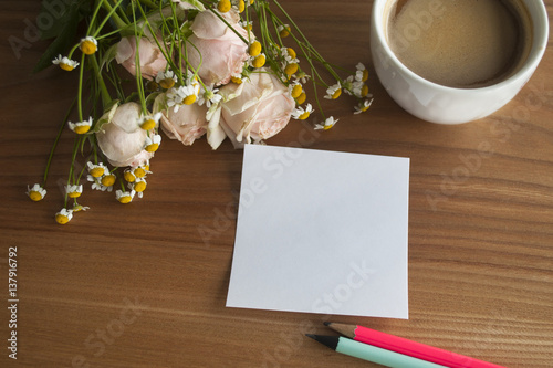Fotografie, Tablou Rose and daisy bouquet with coffe and sticker and pencils