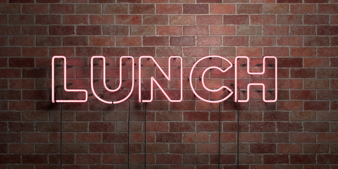 Poster - LUNCH - fluorescent Neon tube Sign on brickwork - Front view - 3D rendered royalty free stock picture. Can be used for online banner ads and direct mailers..