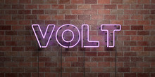 VOLT - Fluorescent Neon Tube Sign On Brickwork - Front View - 3D Rendered Royalty Free Stock Picture. Can Be Used For Online Banner Ads And Direct Mailers..