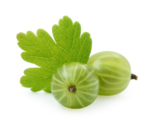 Wall Mural - Green gooseberry with leaf isolated on white background