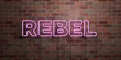 REBEL - fluorescent Neon tube Sign on brickwork - Front view - 3D rendered royalty free stock picture. Can be used for online banner ads and direct mailers..