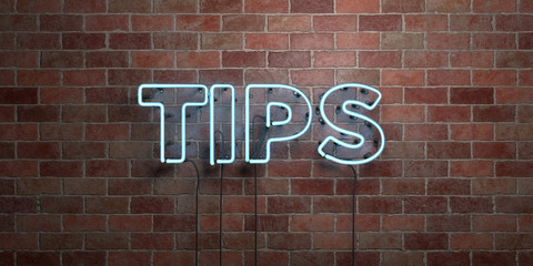 Fototapete - TIPS - fluorescent Neon tube Sign on brickwork - Front view - 3D rendered royalty free stock picture. Can be used for online banner ads and direct mailers..