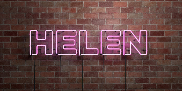 HELEN - fluorescent Neon tube Sign on brickwork - Front view - 3D rendered royalty free stock picture. Can be used for online banner ads and direct mailers..