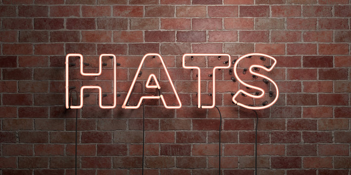 HATS - fluorescent Neon tube Sign on brickwork - Front view - 3D rendered royalty free stock picture. Can be used for online banner ads and direct mailers..