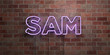 SAM - fluorescent Neon tube Sign on brickwork - Front view - 3D rendered royalty free stock picture. Can be used for online banner ads and direct mailers..