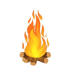 vector illustration of burning bonfire with wood on white background