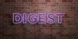 DIGEST - fluorescent Neon tube Sign on brickwork - Front view - 3D rendered royalty free stock picture. Can be used for online banner ads and direct mailers..