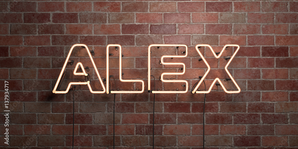 ALEX - fluorescent Neon tube Sign on brickwork - Front view - 3D rendered royalty free stock picture. Can be used for online banner ads and direct mailers.. - obrazy, fototapety, plakaty 