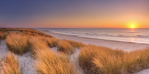 Dunes and beach at sunset on Texel island, The Netherlands