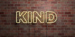 canvas print picture - KIND - fluorescent Neon tube Sign on brickwork - Front view - 3D rendered royalty free stock picture. Can be used for online banner ads and direct mailers..