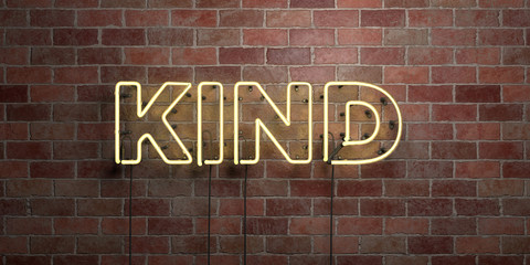 Fototapete - KIND - fluorescent Neon tube Sign on brickwork - Front view - 3D rendered royalty free stock picture. Can be used for online banner ads and direct mailers..