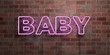 BABY - fluorescent Neon tube Sign on brickwork - Front view - 3D rendered royalty free stock picture. Can be used for online banner ads and direct mailers..