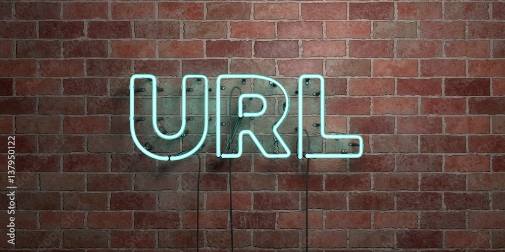 URL - fluorescent Neon tube Sign on brickwork - Front view - 3D rendered royalty free stock picture. Can be used for online banner ads and direct mailers.. - obrazy, fototapety, plakaty 