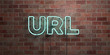 URL - fluorescent Neon tube Sign on brickwork - Front view - 3D rendered royalty free stock picture. Can be used for online banner ads and direct mailers..