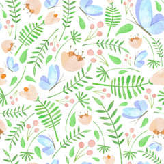  Watercolor floral pattern with blue butterflies green leaves red berries and orange flowers on white background