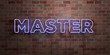 MASTER - fluorescent Neon tube Sign on brickwork - Front view - 3D rendered royalty free stock picture. Can be used for online banner ads and direct mailers..